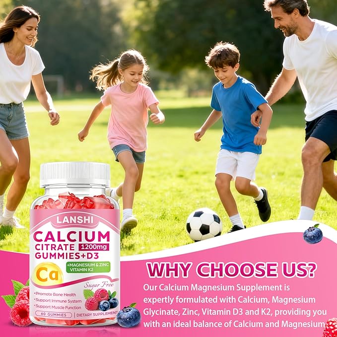 Calcium Citrate Gummies 1200mg with Vitamin D3 & K2 Supplements for Women & Men, High Absorption Calcium Gummies Plus Magnesium, Zinc for Strong Bones & Immune Support Mixed Berry Flavor