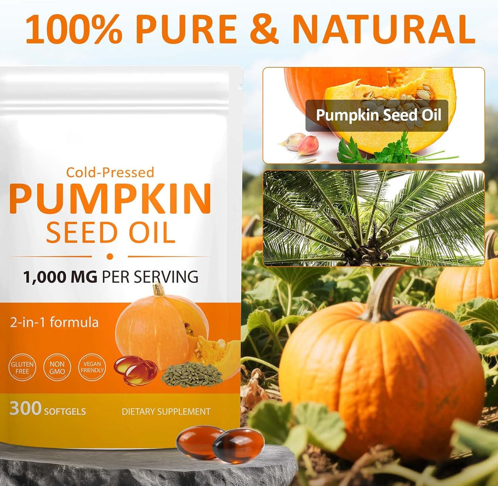 Pumpkin Seed Oil Capsules, 2-in-1 Formula with Saw Palmetto for Hair, 1000mg 300Softgels Rich in Fatty Acids | Supports Hair Heart