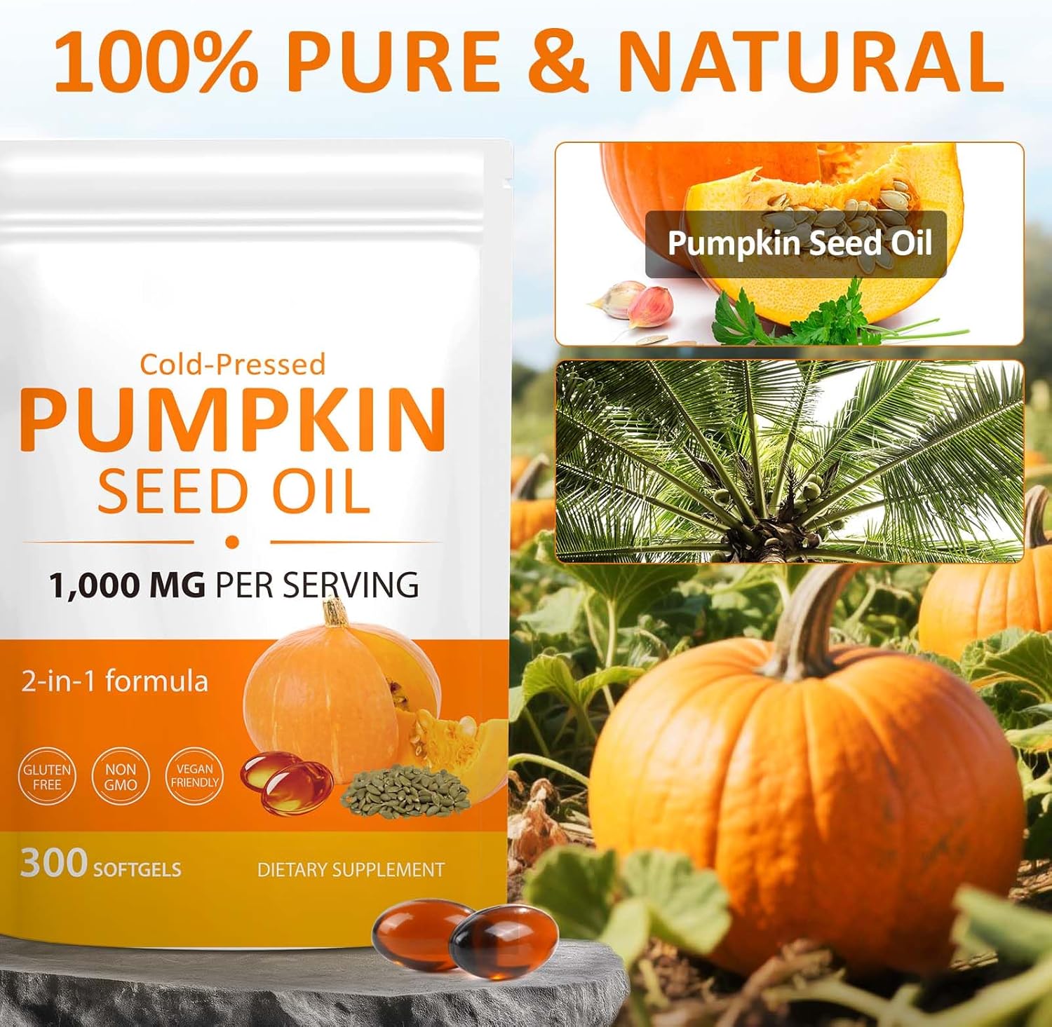 Pumpkin Seed Oil Capsules, 2-in-1 Formula with Saw Palmetto for Hair, 1000mg 300Softgels Rich in Fatty Acids | Supports Hair Heart