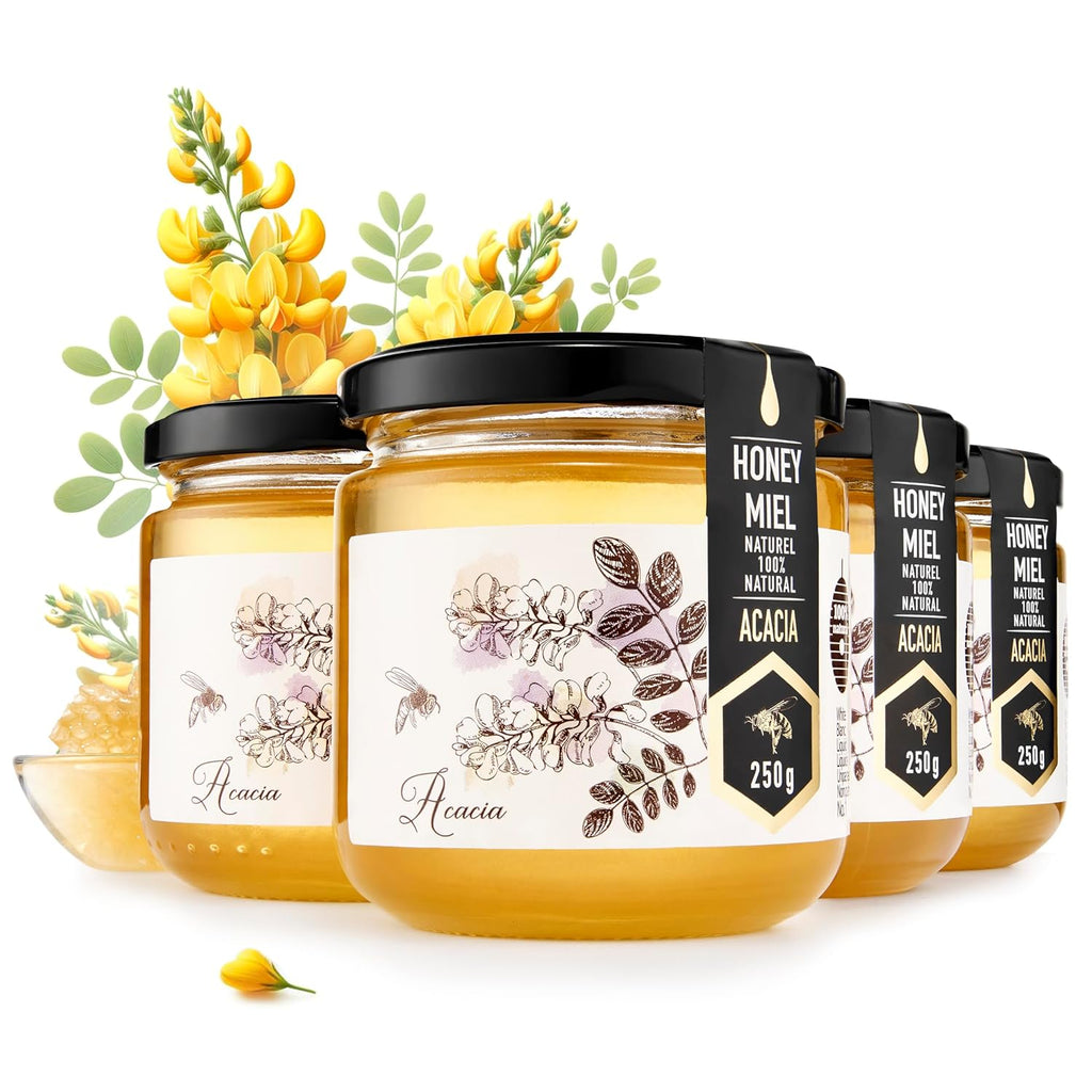 HONIGMA® Raw Acacia Honey | Exquisite Taste | 100% Pure | Unpasteurized | Unfiltered | Partially crystallized | 8.8 Fl Oz Pack of 4