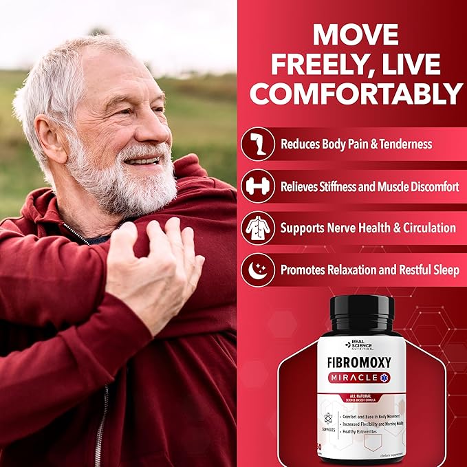 Real Science Fibromoxy Miracle – All Natural Fibromyalgia Relief Supplement for Pain, Stiffness & Fatigue with Vitamins B6, B12, C, D, K + Nitric Oxide Support – Neurological & Circulatory Aid, 60Caps