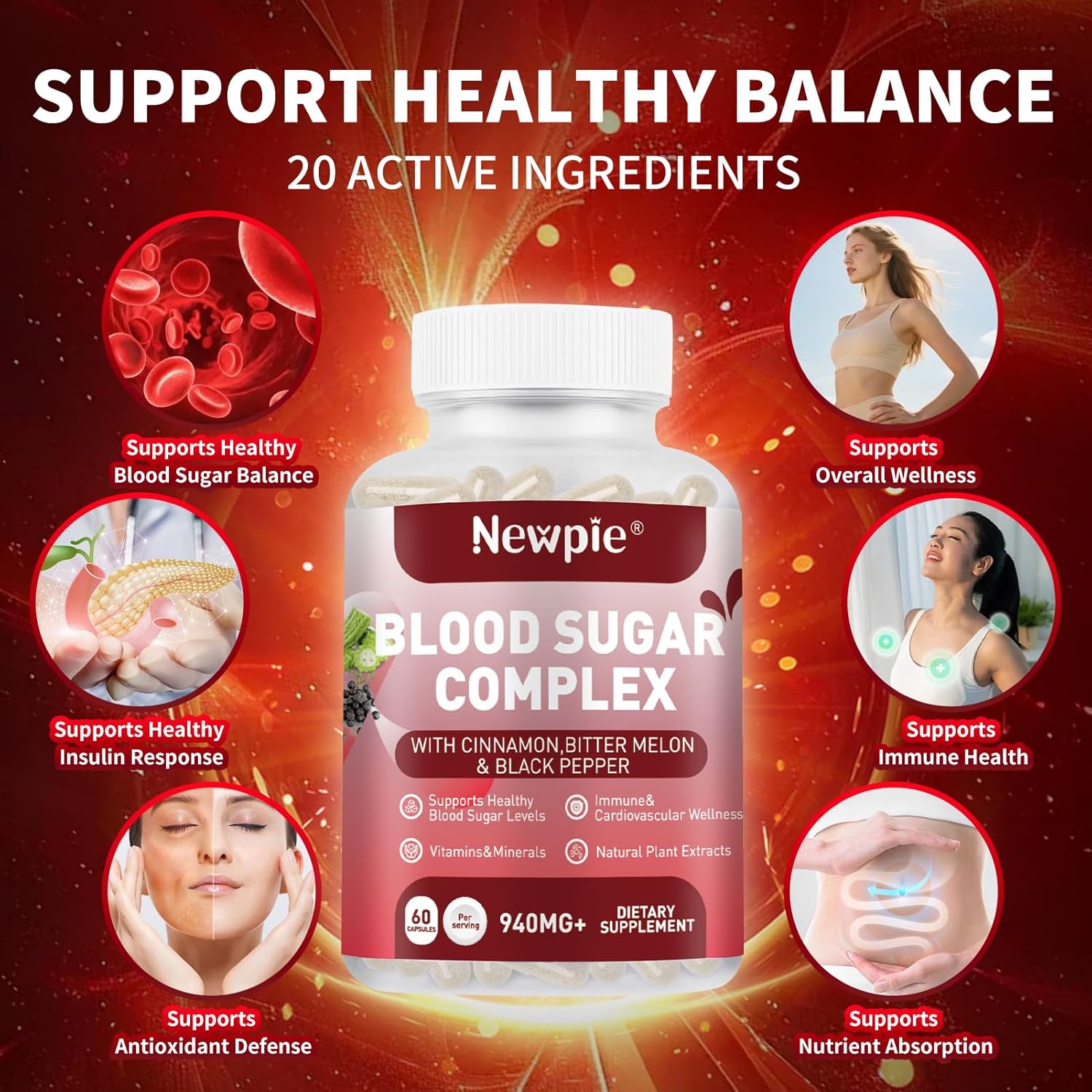 Blood Sugar Complex Supplement – Supports Healthy Blood Sugar in Normal Range, Natural with 20 Active Ingredients Including Cinnamon and Bitter Melon, Non-GMO, 60 Capsules (1)