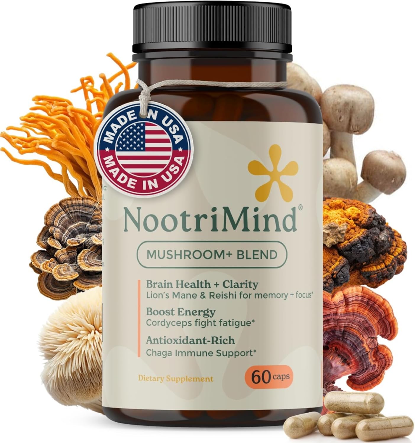 Mushroom Complex – Organic Lions Mane | Reishi | Cordyceps | Turkey Tail | Chaga | Maitake | Shiitake – Brain, Memory & Immune Support – Non-GMO, Gluten-Free - 60 Capsules