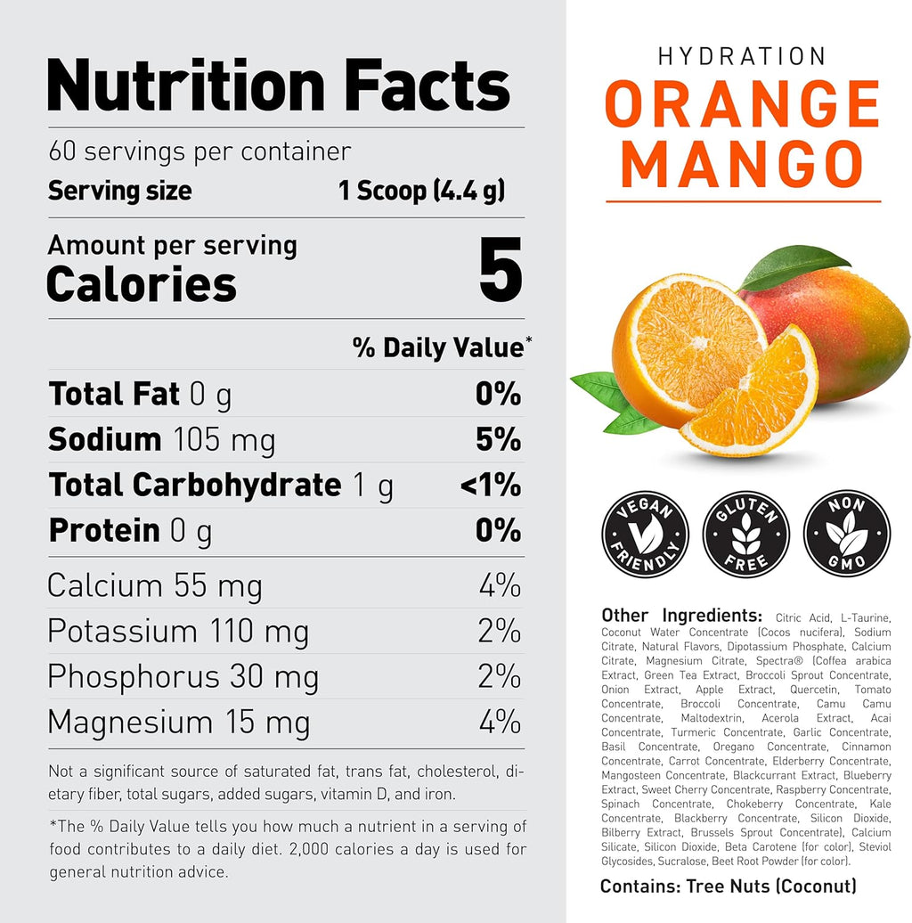 Kaged Hydration Electrolytes Powder | Orange Mango | Hydra-Charge Sports Drink Mix | Pre, Post, Intra Workout | Low Carb, Vegan, Gluten Free | Supplements for Men & Women | 60 Servings
