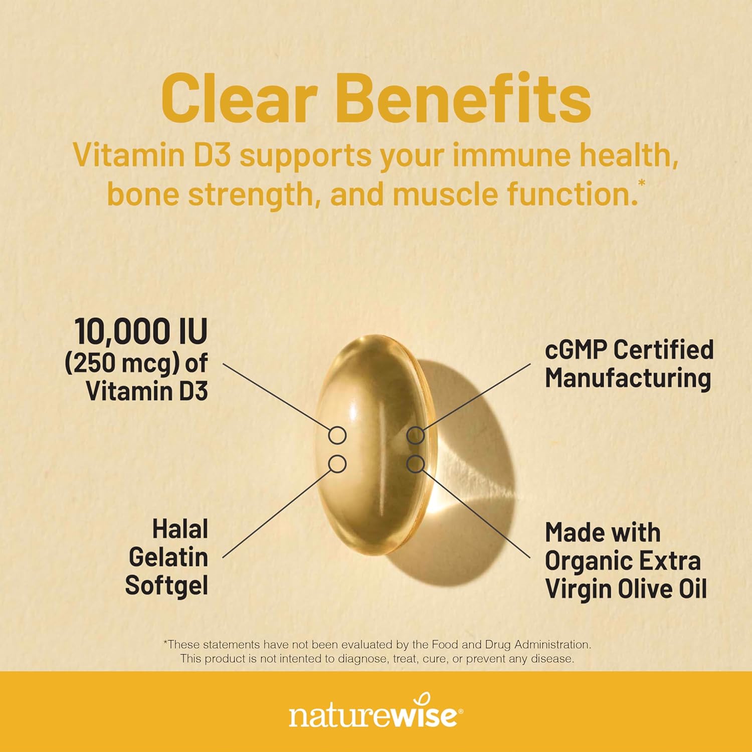 NatureWise Vitamin D3 10,000IU (250 mcg) 30-Day Supply - High Potency for Healthy Immune Support & Muscle Function, Non-GMO, Gluten-Free in Organic Extra Virgin Olive Oil, (Mini Softgel), 30 Count