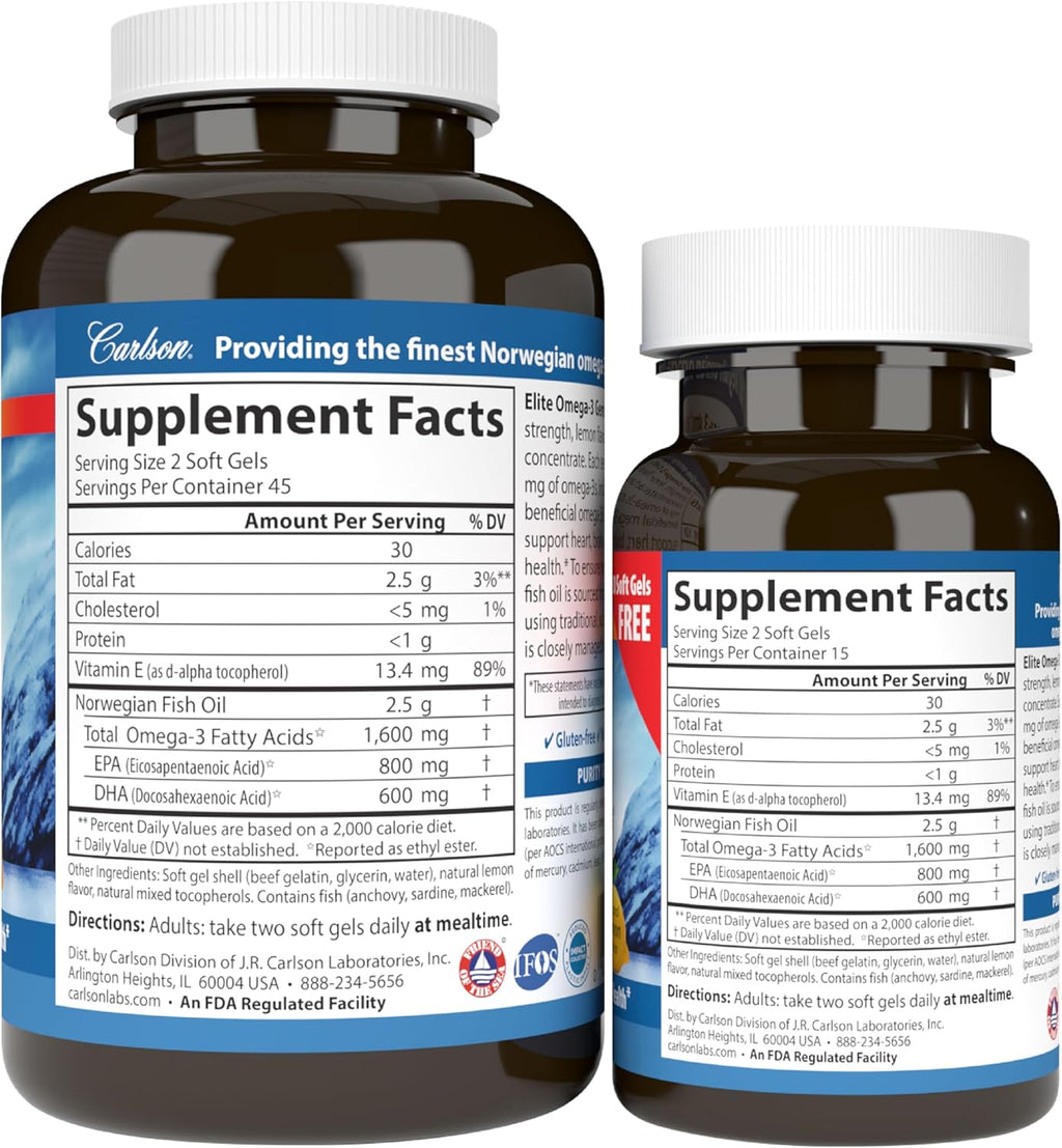 Carlson Labs Elite Omega-3, 1600 mg, Gems Fish Oil Soft Gels, Natural Lemon Flavor, 2 Pack (120 Count Each)