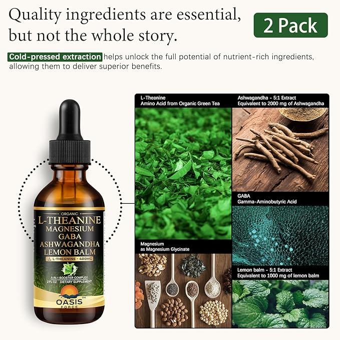 2 Pack L Theanine Drops, L-Theanine Supplement 400mg for Adults & Kids with GABA, Magnesium & Ashwagandha, Natural Sleep, Focus & Relaxation Support, Vegan, Alcohol-Free, Non-GMO, 4 FL OZ