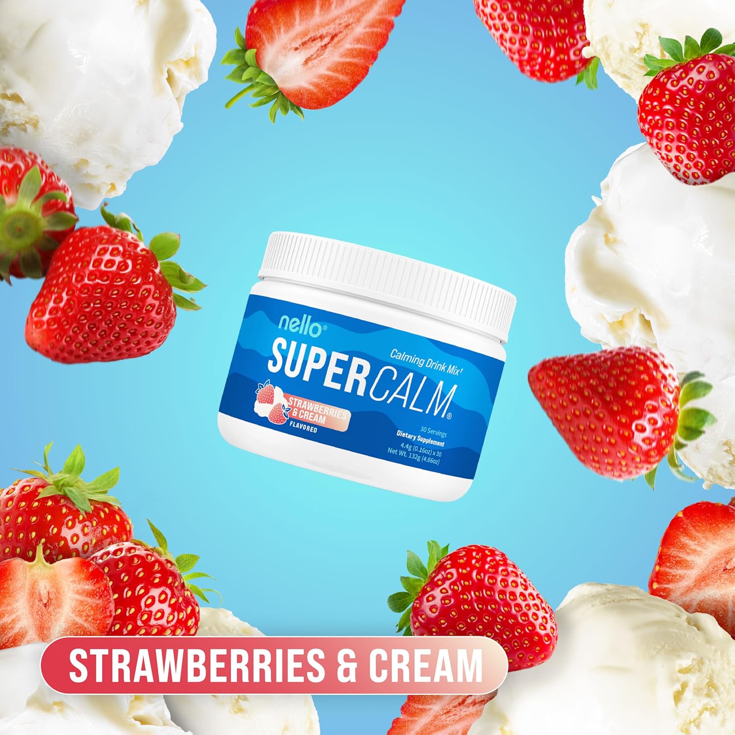 Supercalm Powdered Drink Mix, Strawberries & Cream, L Theanine, Ksm-66 Ashwagandha, Magnesium Glycinate, Vitamin D 3, Supplements for Relaxation & Focus, Natural, No Sugar, Non GMO, 30 Srvgs