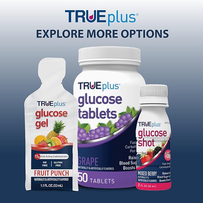TRUEplus Glucose Gel Pouch, Strawberry Flavor, 15g Fast-Acting Carbohydrates, Fat Free, Gluten Free, Quick Support for Low Blood Sugar and Energy, 72 Pack