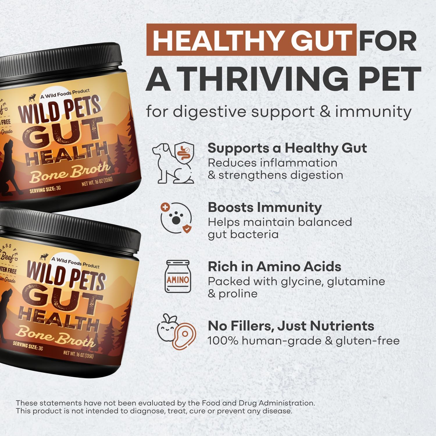 Wild Foods Dog Bone Broth Powder – 100% Natural & 16oz US Made Bone Broth for Dogs Support Digestion, Gut & Joint Health – Non Fillers Rich in Gelatin, Glutamine & Proline