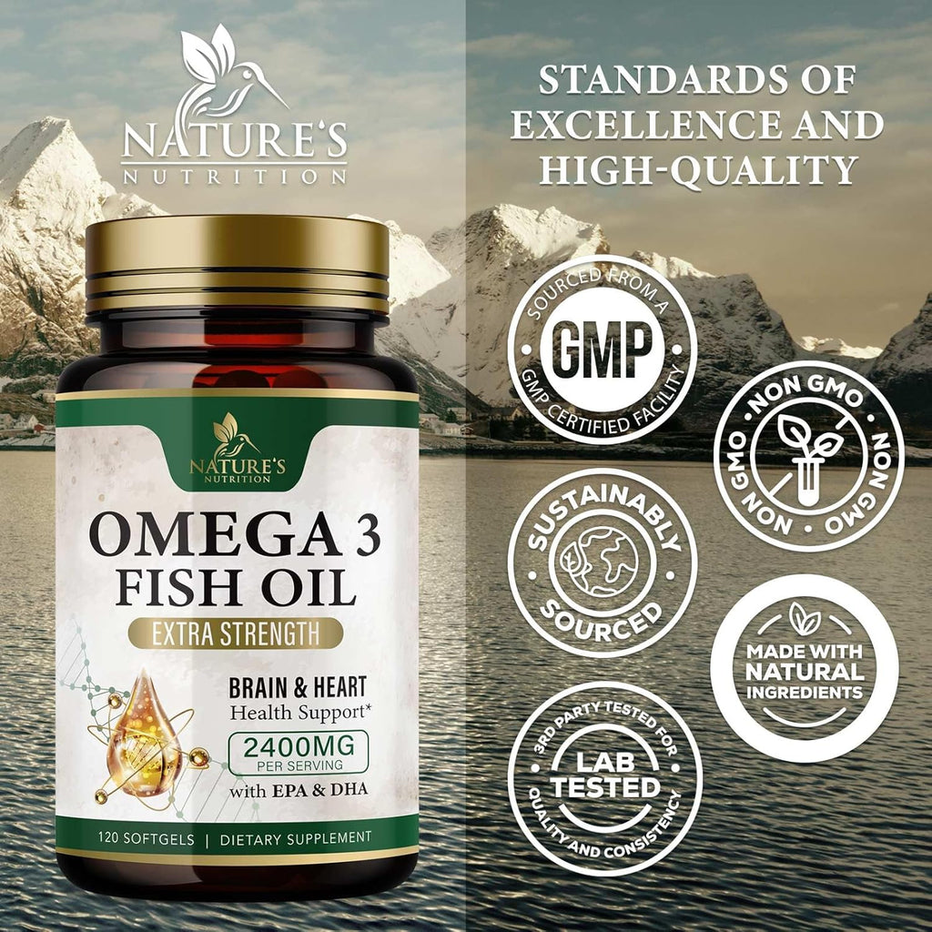 Omega 3 Fish Oil Supplements 2400 mg - Triple Strength Omega3 - EPA & DHA with Essential Fatty Acids - Natural Immune, Brain & Heart Health Support - Burpless, Lemon Flavor, Wild Caught - 120 Softgels