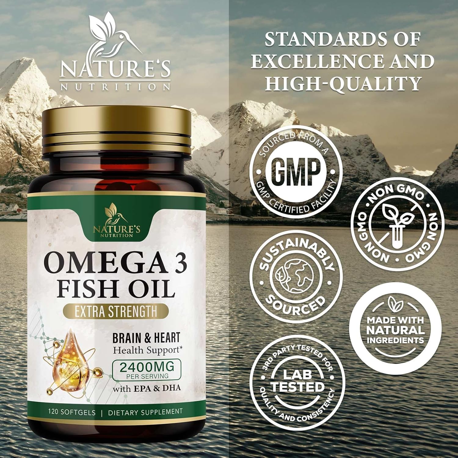 Omega 3 Fish Oil Supplements 2400 mg - Triple Strength Omega3 - EPA & DHA with Essential Fatty Acids - Natural Immune, Brain & Heart Health Support - Burpless, Lemon Flavor, Wild Caught - 120 Softgels