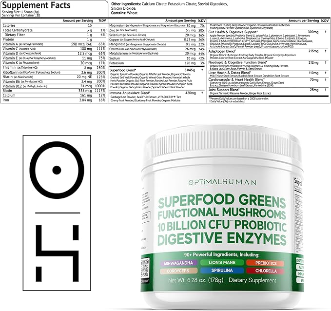 Optimal Human Superfood Greens Powder – 90+ Ingredient Blend with Lion’s Mane Supplement, Ashwagandha & Turmeric – Non-GMO, Soy-Free, Mushroom Supplements for Women - 6.28 oz