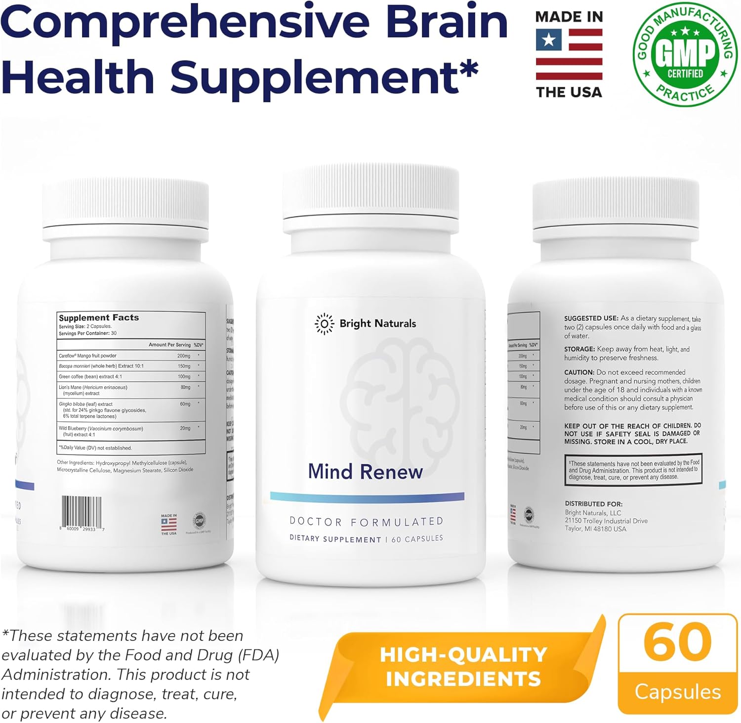 Mind Renew - Brain Supplement Supports Memory, Focus, and Cognition - with Lion's Mane and Ginkgo Biloba Extract - Made in The USA, 180 Capsules