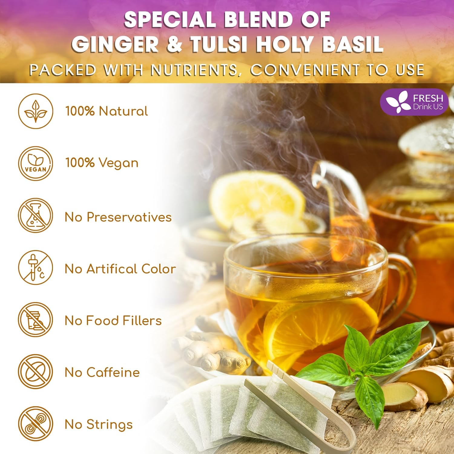 FreshDrinkUS Premium 75 Ginger Tulsi Tea Bags, 100% Natural, Hand-made Blend of Ginger and Tulsi Holy Basil Leaves, Eco-conscious Tea Bags. No Sugar, No Caffeine, Vegan
