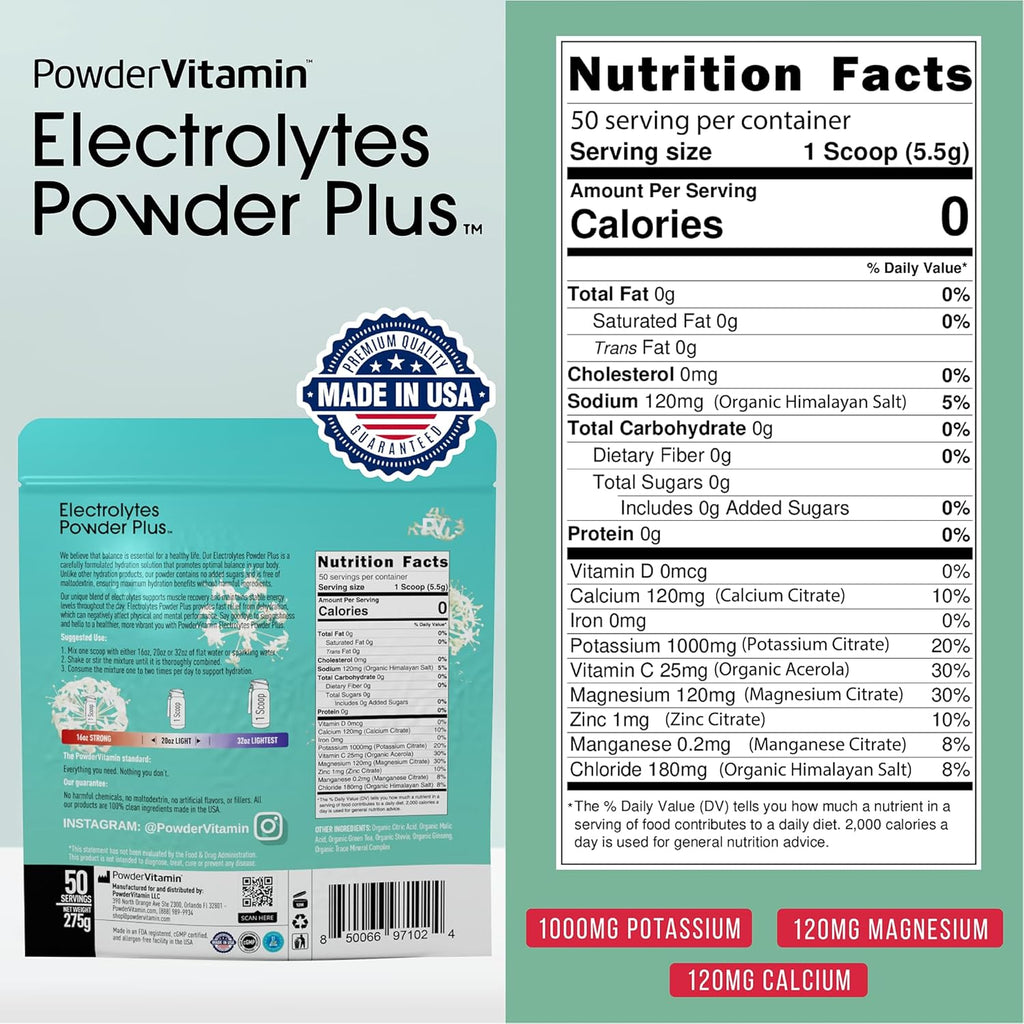 PowderVitamin Electrolytes Powder Plus (50 Servings) Green Tea Ginseng Electrolyte Powder Keto, Sugar Free, Pink Himalayan Salt,1000mg Potassium,120mg Calcium,120mg Magnesium, Hydration Powder