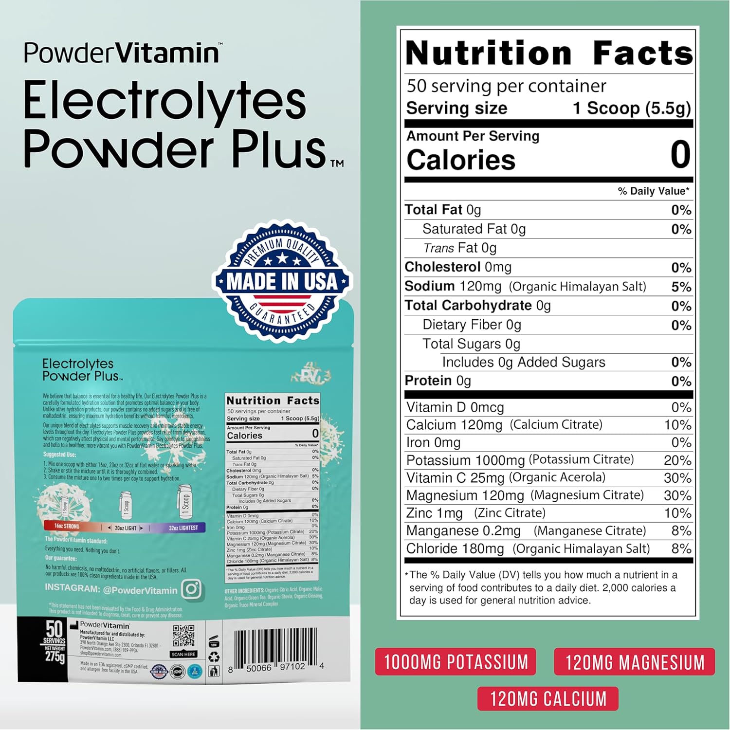 PowderVitamin Electrolytes Powder Plus (50 Servings) Green Tea Ginseng Electrolyte Powder Keto, Sugar Free, Pink Himalayan Salt,1000mg Potassium,120mg Calcium,120mg Magnesium, Hydration Powder