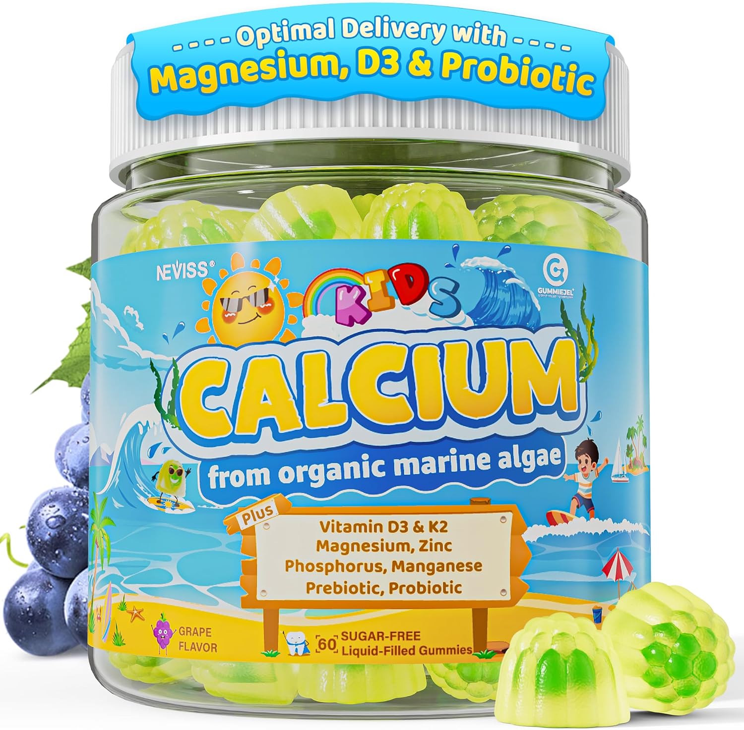 Kids Calcium Gummies (from Algae) + Vitamin D3 (1000iu/2000IU), K2, Magnesium, Phosphorus, Probiotic & Prebiotic, Vitamins for Kids & Teens for Bones & Teeth, Calcium Absorption, Sugar Free, 60 Counts