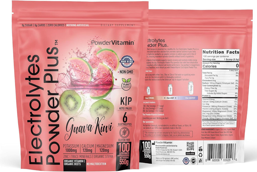 PowderVitamin Electrolytes Powder Plus (100 Servings) Guava Kiwi Electrolyte Powder, Zero Calorie, Keto, 0 Sugar, No Maltodextrin, 1000mg Potassium, 120mg Calcium, 120mg Magnesium, Hydration Powder