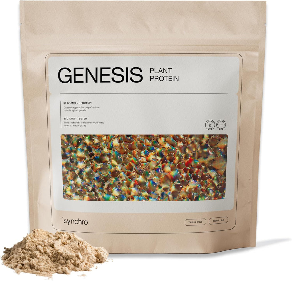 Synchro Genesis Plant Based Protein Powder | Vanilla Spice | 30g of Organic Protein Per Serving | <1g Sugar | 1g Net Carbs | No Stevia | Superfoods + Prebiotics | Vegan + Keto Friendly