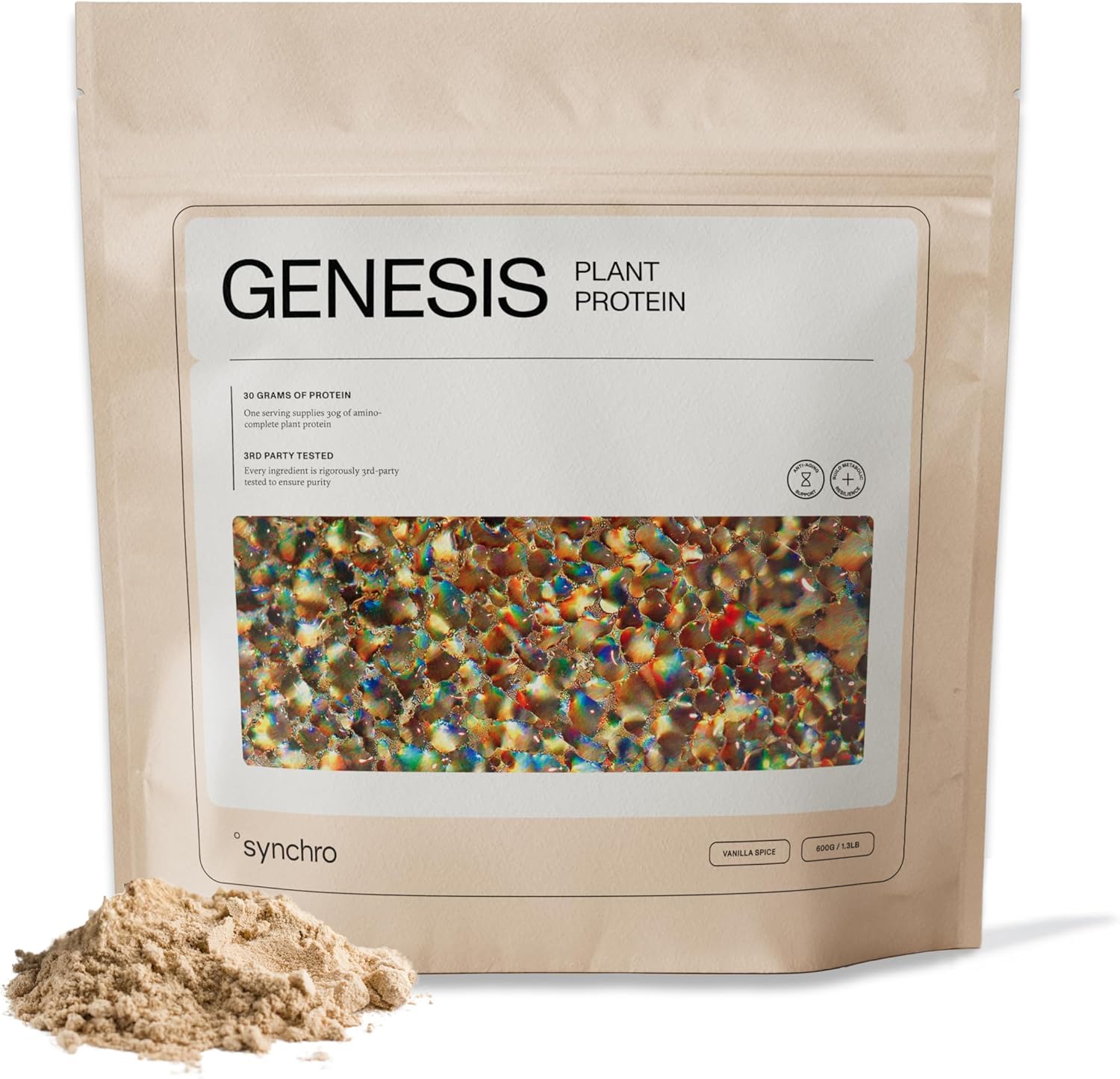 Synchro Genesis Plant Based Protein Powder | Vanilla Spice | 30g of Organic Protein Per Serving | <1g Sugar | 1g Net Carbs | No Stevia | Superfoods + Prebiotics | Vegan + Keto Friendly