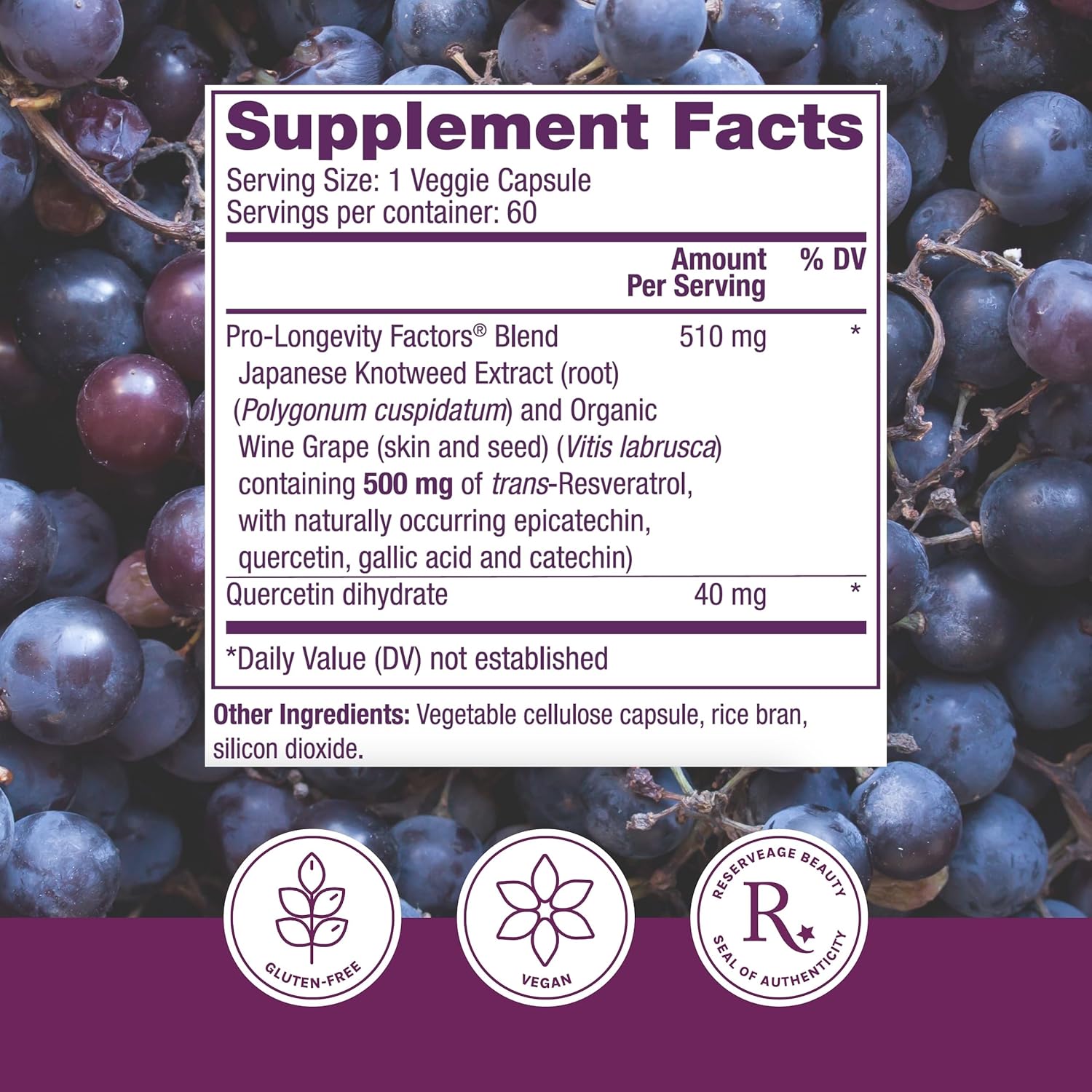 Reserveage Beauty, Resveratrol 500 mg, Antioxidant Supplement for Heart and Cellular Health, Supports Healthy Aging and Immune System, Paleo, Keto, 60 Capsules