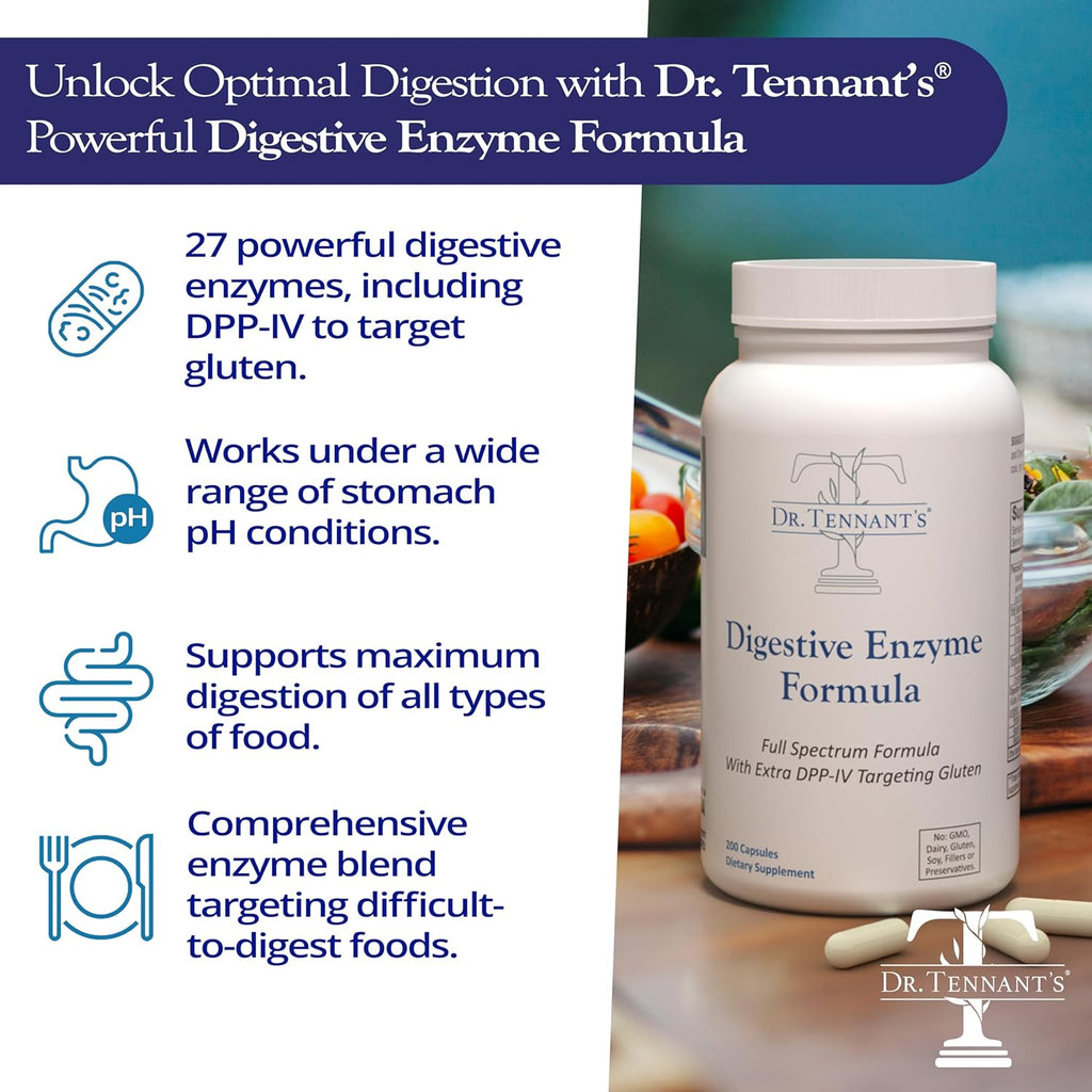 Dr. Tennant's Digestive Enzymes | GERD, Heartburn & Acid Reflux | Gut Health | 2X DPP-IV Enzyme for Gluten Digestion | 200 Capsules