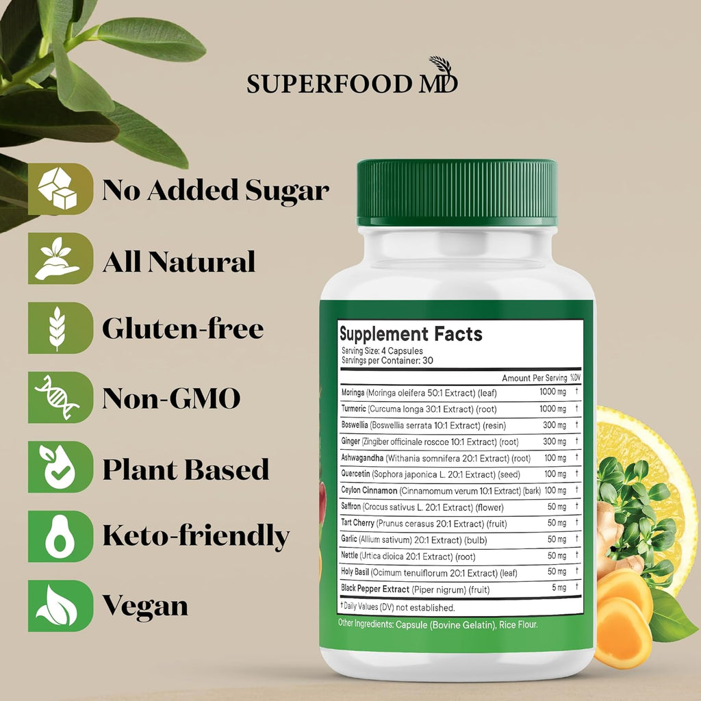 Moringa Supplement | Turmeric, Ginger, Boswellia, Saffron, Holy Basil, Nettle -Support Supplement for Women and Men with Ceylon Cinnamon, Quercetin, Tart Cherry- 120 Capsules