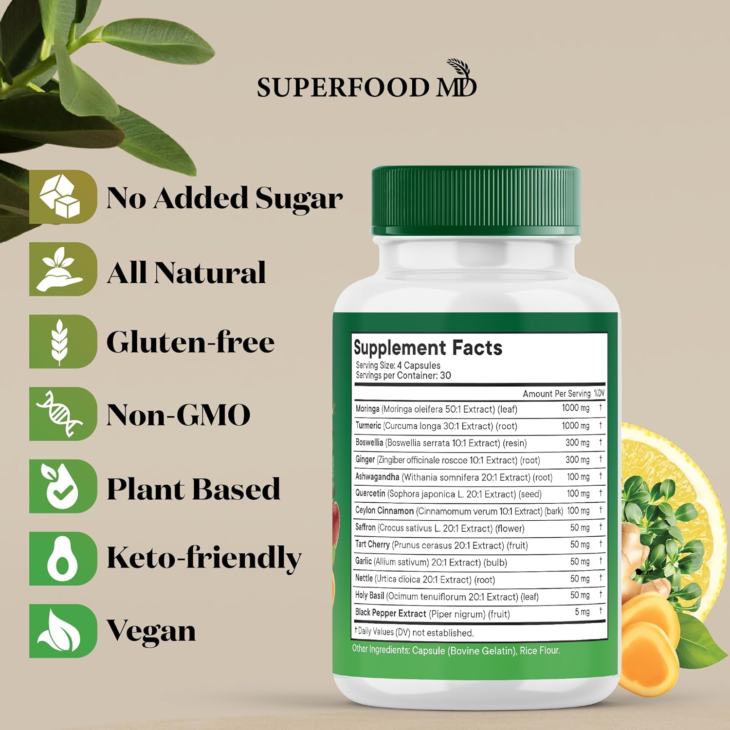 Moringa Supplement | Turmeric, Ginger, Boswellia, Saffron, Holy Basil, Nettle -Support Supplement for Women and Men with Ceylon Cinnamon, Quercetin, Tart Cherry- 120 Capsules