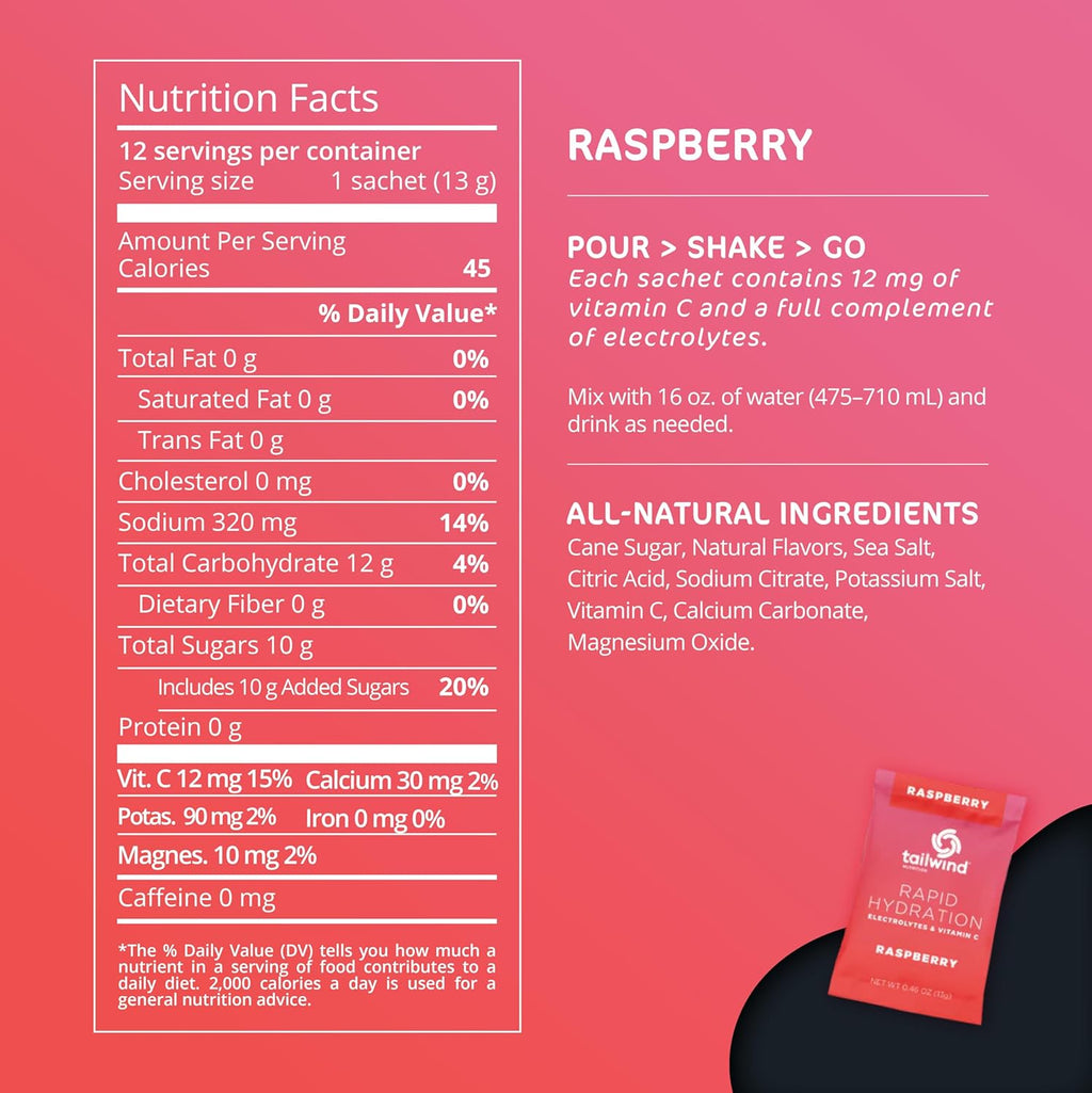 Tailwind Nutrition Rapid Hydration, Electrolyte & Hydration Powder, Vitamin C & Sea Salt Exercise Workout Mix, Raspberry, Pack of 12 Sticks