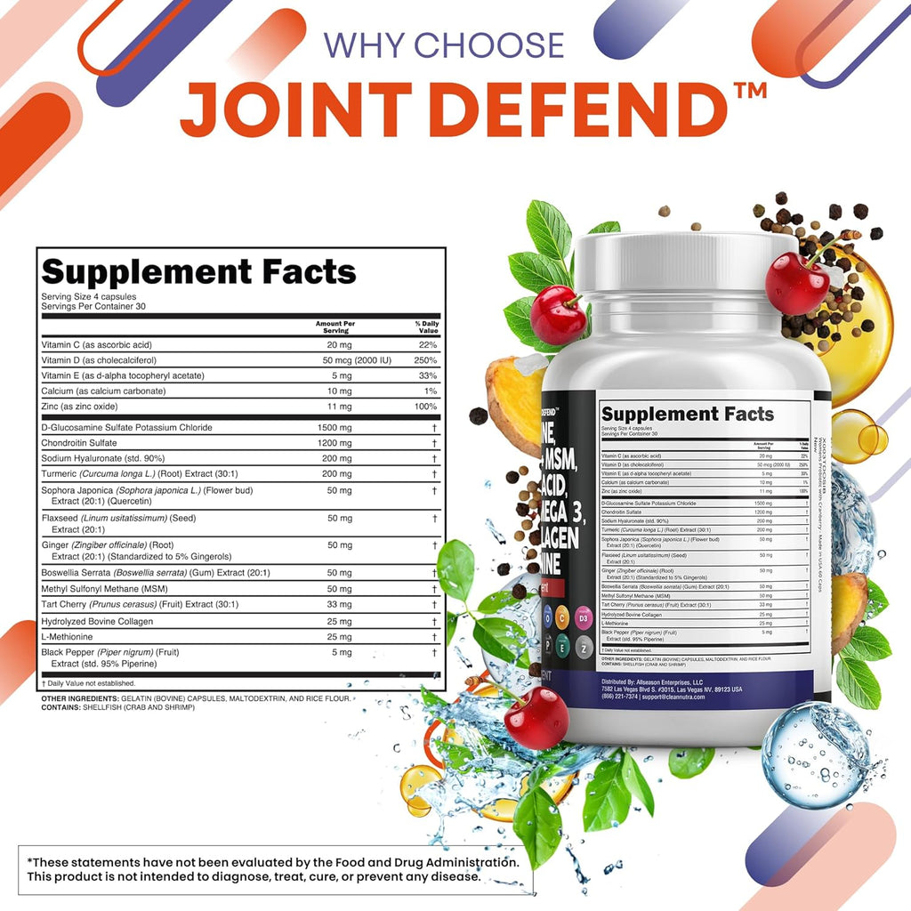 Clean Nutraceuticals Glucosamine Chondroitin MSM 1500mg with Turmeric Curcumin, Collagen, Hyaluronic Acid, Omega 3 – Joint Health Supplement for Men & Women – Joint Complex – 120 Count