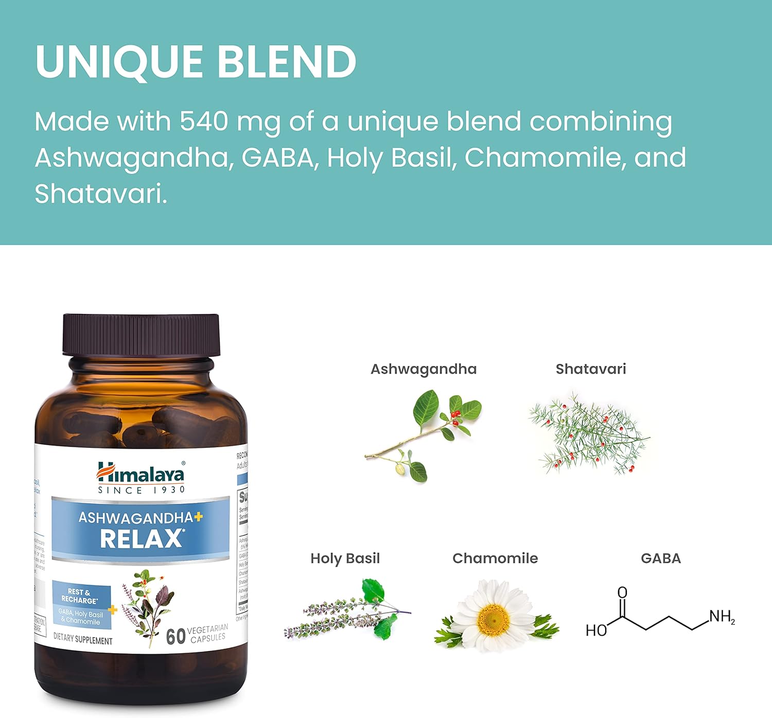 Himalaya Ashwagandha+ Relax, with GABA, Holy Basil & Chamomile for Reset, Relaxation & Stress Relief, Vegan, Gluten Free, 540 mg, 60 Vegetarian Capsules, 1 Month Supply