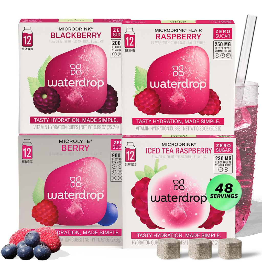Waterdrop Hydration Cubes Mixed Berry Variety Pack, Zero Sugar Electrolyte & Vitamin Drink Mix, Flavored Water Enhancer Includes Blackberry, Blackcurrant, Microlyte Berry, Ice Tea Raspberry, 48 Count