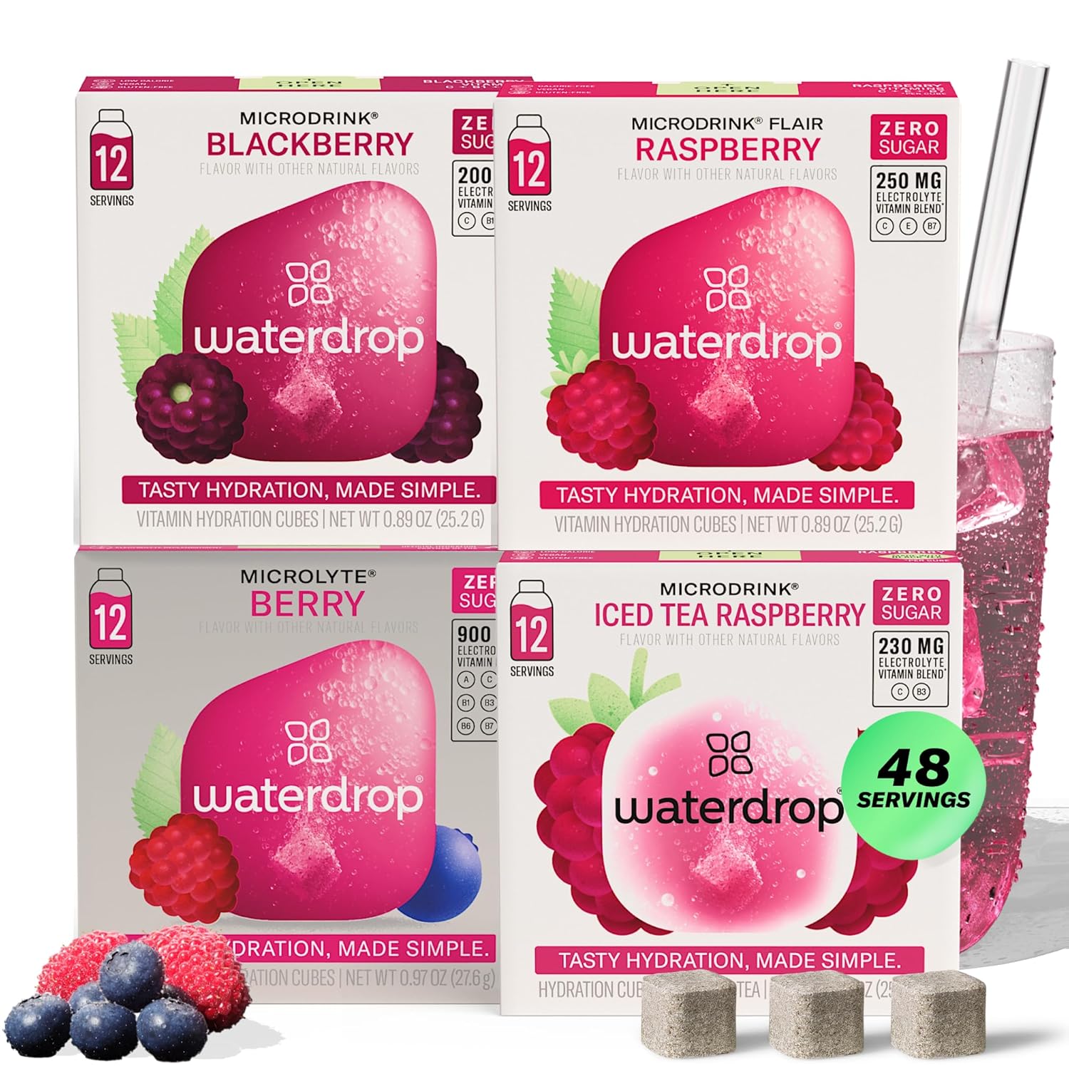 Waterdrop Hydration Cubes Mixed Berry Variety Pack, Zero Sugar Electrolyte & Vitamin Drink Mix, Flavored Water Enhancer Includes Blackberry, Blackcurrant, Microlyte Berry, Ice Tea Raspberry, 48 Count