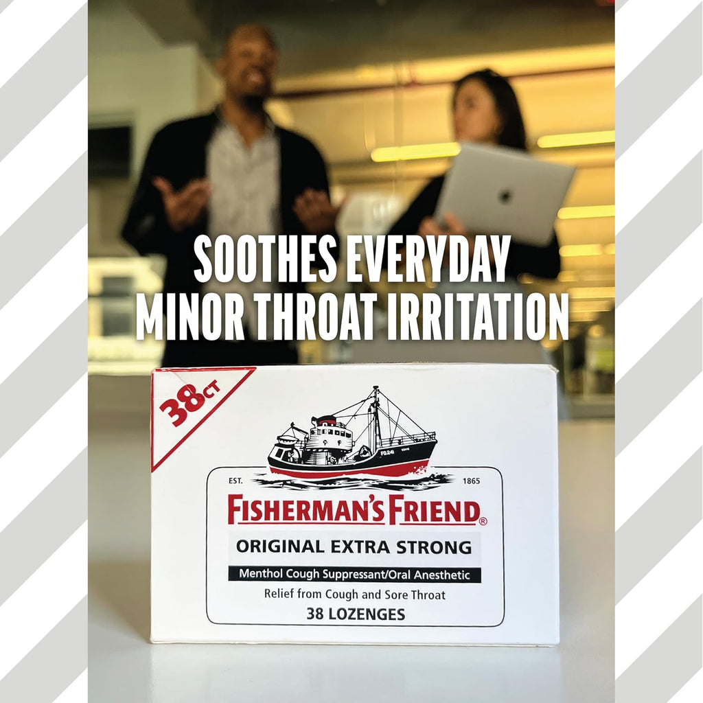 Fisherman's Friend Cough Drops, Cough Suppressant and Sore Throat Lozenges, Original Extra Strong, 10mg Menthol, 228 Drops (6 Packs of 38)