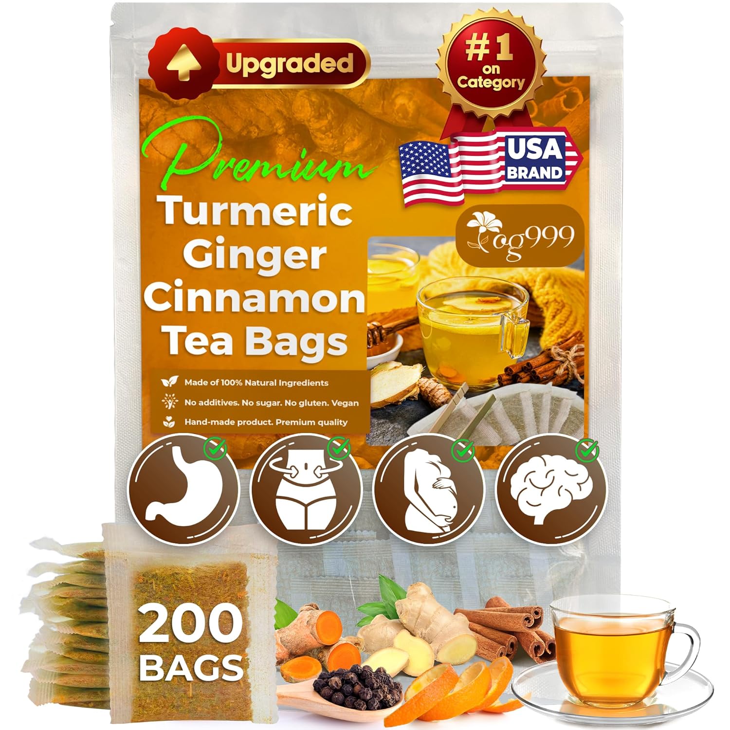TOG999, 200 Bags Premium Turmeric Ginger Cinnamon Tea. Upgraded Version. Improve Digestion, Support Brain, Weight, Skin and Sleep. Eco-Conscious Tea Bags. No Sugar, No Caffeine, No Gluten, Vegan.