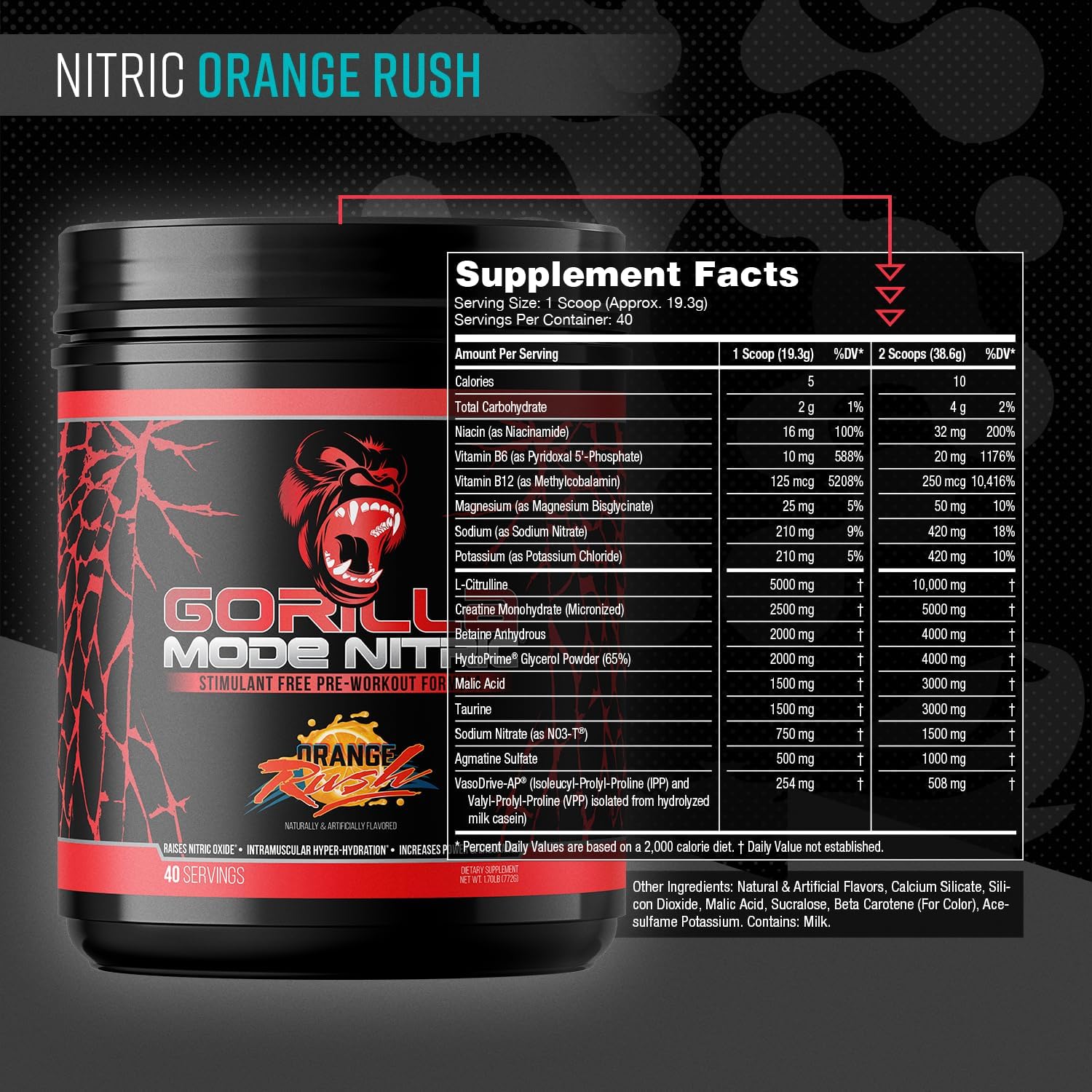 Gorilla Mode Nitric Upgraded Stimulant Free Pre-Workout – Best Tasting and Most Effective Stimulant Free Pre-Workout/Massive Pumps · Vasodilation · Power / 772 Grams (Orange Rush)