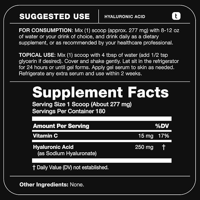 Ultra Purified Bioavailable Hyaluronic Acid Powder – Lab Tested Low Molecular Weight for Deeper Skin Hydration – 250 mg with Vitamin C for Enhanced Absorption – 180 Servings