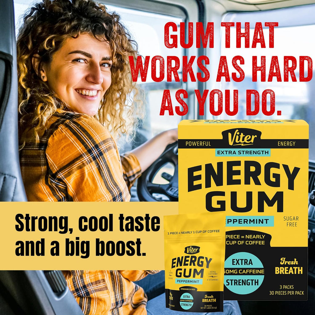 Viter Energy 60mg Caffeine Gum (Peppermint Flavor, 30 Pieces, 3 Pack) - Sugar Free, Vitamin B3, B6, B9, B12, Zero Calories, Caffeinated Energy Chews, Nootropic Focus Supplement for Men & Women