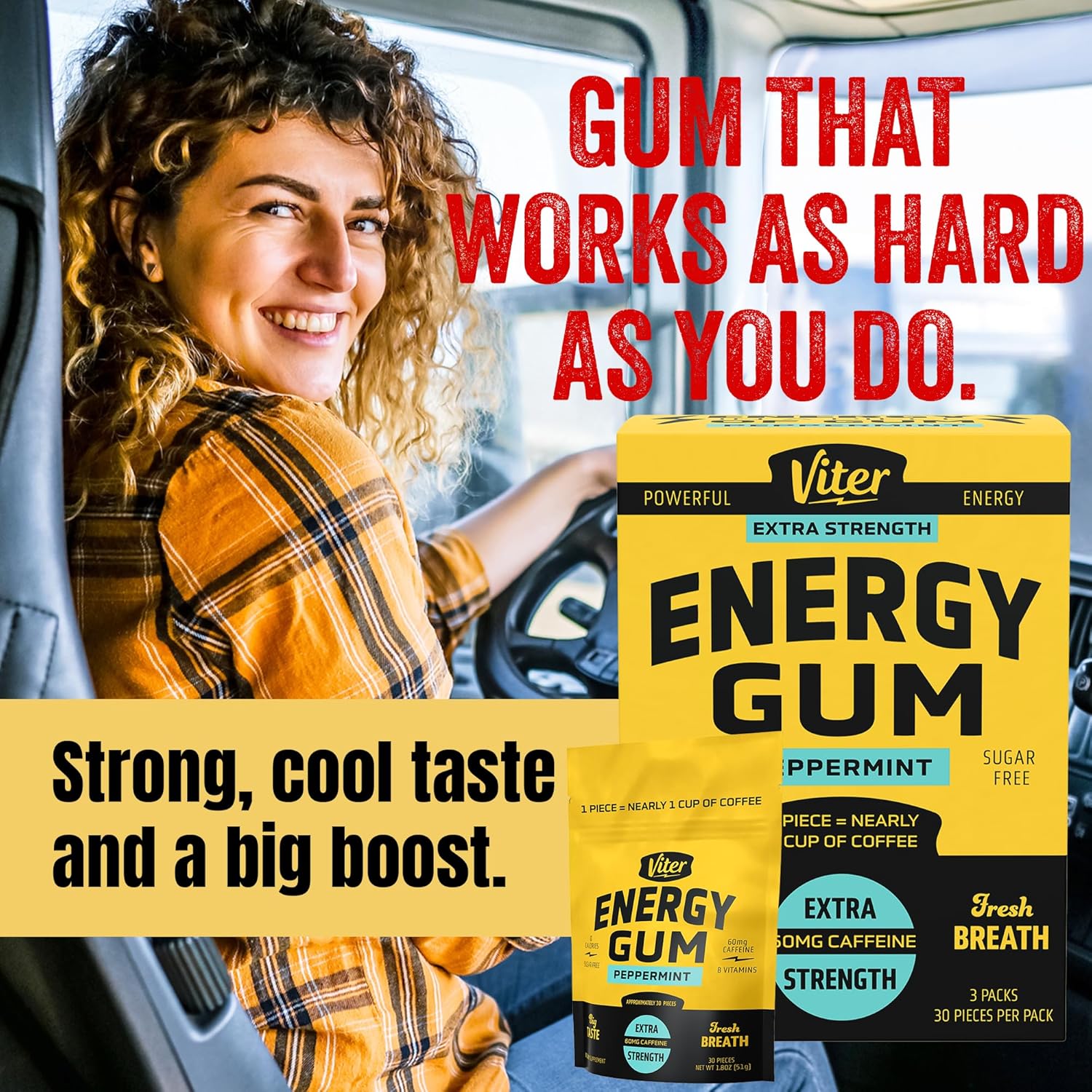 Viter Energy 60mg Caffeine Gum (Peppermint Flavor, 30 Pieces, 3 Pack) - Sugar Free, Vitamin B3, B6, B9, B12, Zero Calories, Caffeinated Energy Chews, Nootropic Focus Supplement for Men & Women