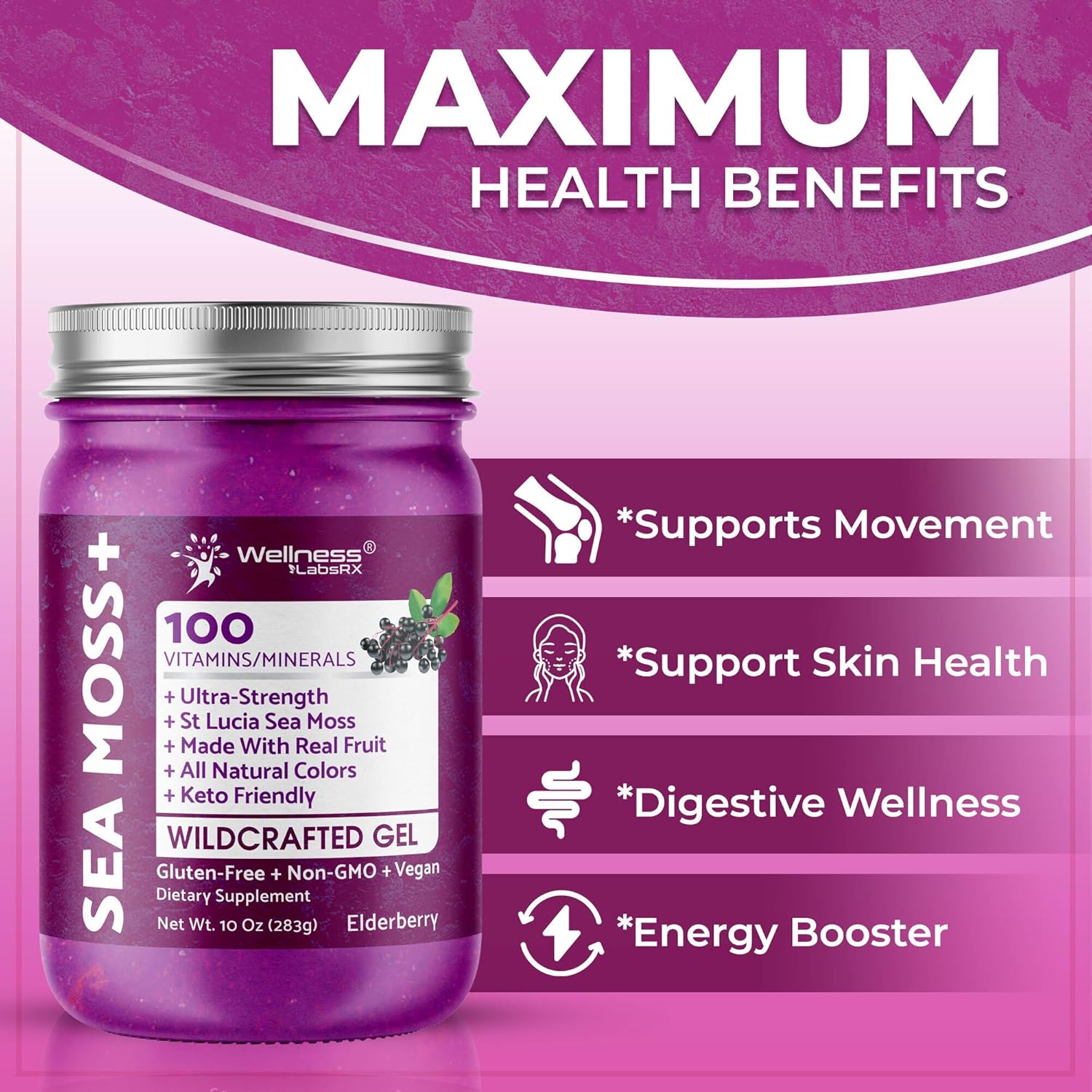 Irish Sea Moss Gel Raw - Wildcrafted Superfood Seamoss Gel - Elderberry Flavor, Vitamin and Mineral-Rich from Pristine Caribbean Waters, Immune and Digestive Health Support - 10 oz.