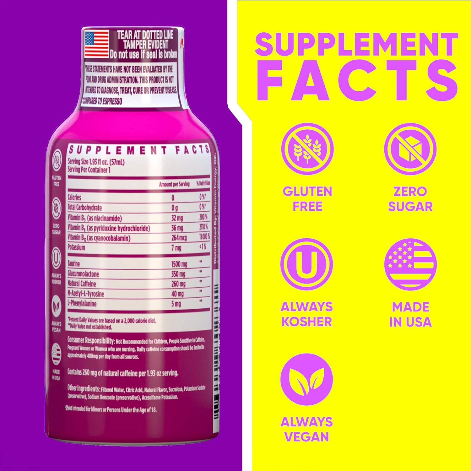 Vitamin Energy B12 11,000% Extra Strength Energy Shot Pink Berry 24 Pack, 260mg Natural Caffeine, B12 & B6, Nootropic Focus, Vitality, Zero Sugar, Gluten-Free, Vegan, Kosher, 1.93 fl oz
