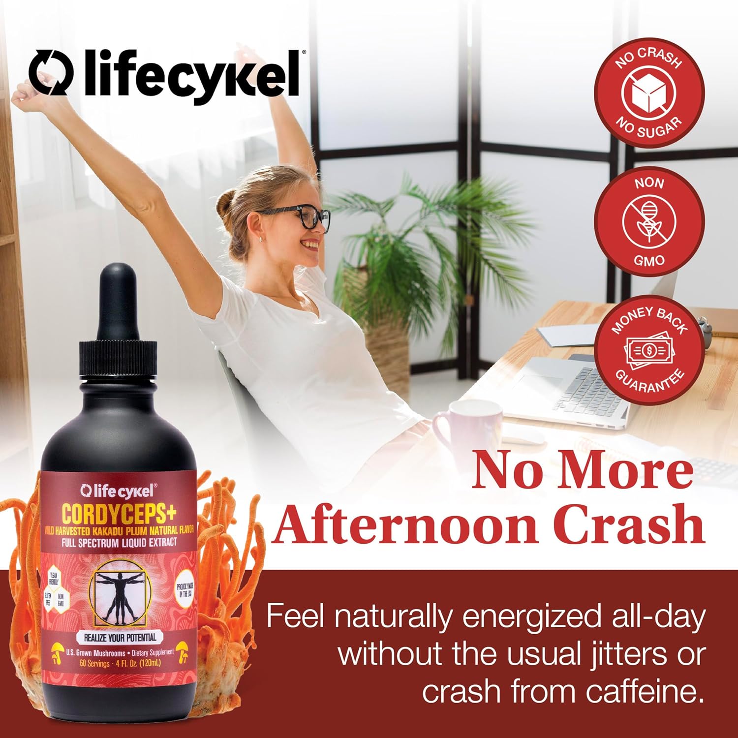 Lifecykel Cordyceps Mushroom Extract with Kakadu Plum - Energy, Stamina & Vitality Support, Natural Aging Supplement - Non-GMO and Vegan Tincture - 4Fl Oz