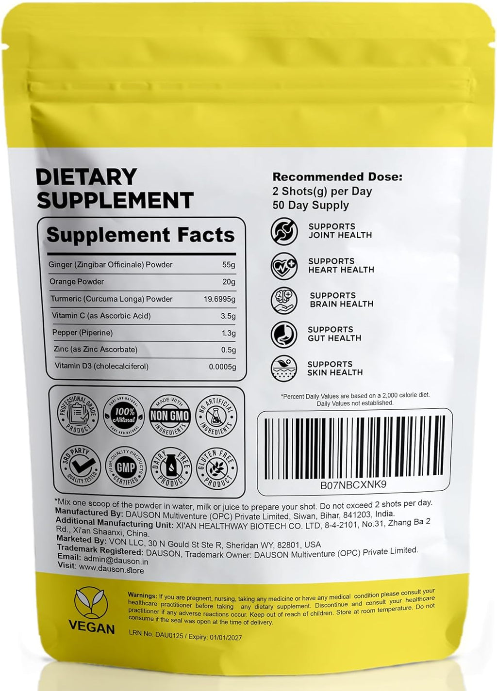 Ginger Turmeric Supplements with Piperine, Orange, Vitamin C, Vitamin D3 & Zinc | Ginger Turmeric Shots for Joint, Heart, Brain, Gut & Skin Health | 100 Servings | Ayurvedic | Powder