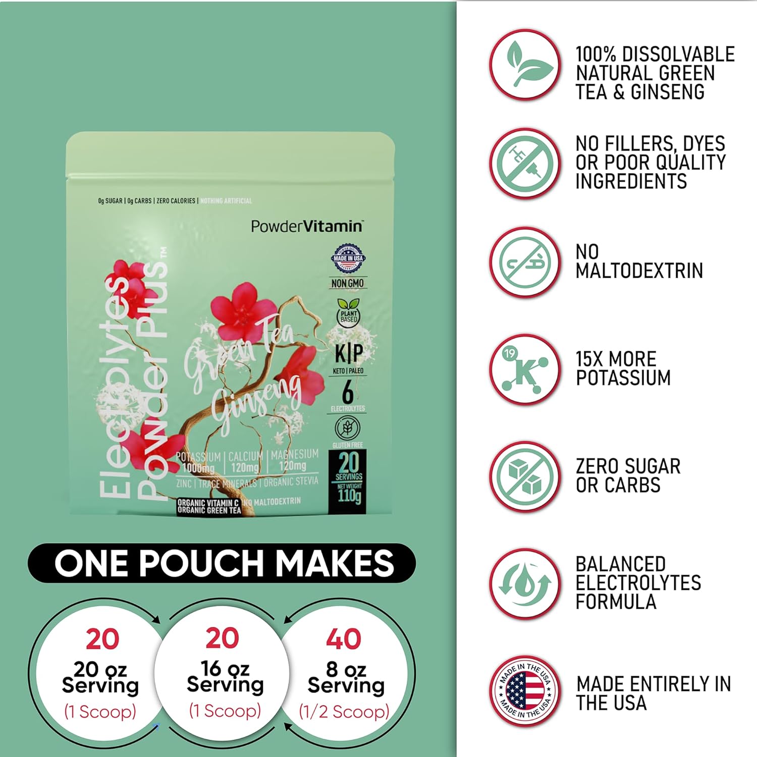 PowderVitamin Electrolytes Powder Plus (20 Servings) Green Tea Ginseng Electrolyte Powder Keto, Sugar Free, Pink Himalayan Salt,1000mg Potassium,120mg Calcium,120mg Magnesium, Hydration Powder
