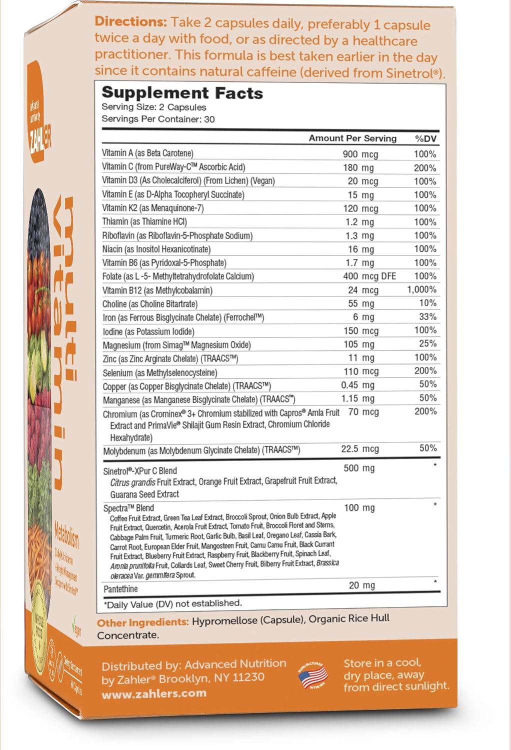 Zahler Multivitamin Metabolism, Daily Multivitamin +Weight Management Support, Multivitamin for Women and Men with Iron, Certified Kosher, 60 Capsules