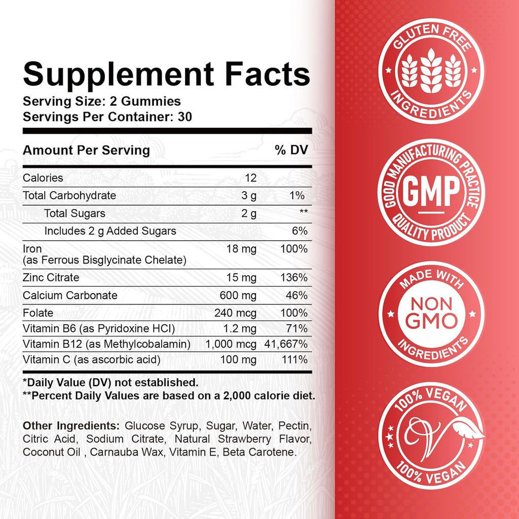 Iron Gummies - with Calcium, Zinc, Folate & Vitamin B12, C, B6 for Adults & Kids - Blood Builder & Energy Support for Iron Deficiency, Anemia, Vegan - 2 Pack Strawberry Flavour,60 Gummies