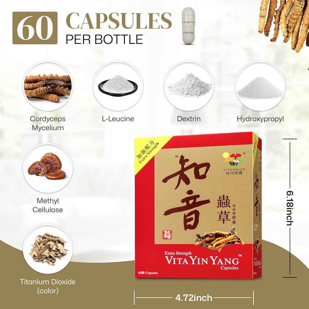 Vita Green Yin Yang Cordyceps Mycelium Herbal Supplement (知音蟲草) - Supports Respiratory Wellness, Energy, and Liver & Kidney Health - 60 Capsules