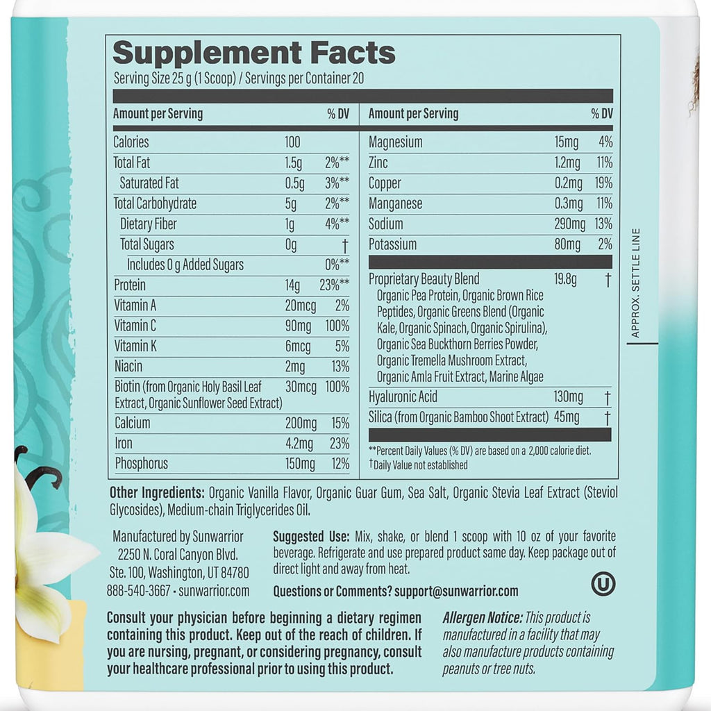 Vegan Collagen Protein Powder Plant-based | Hyaluronic Acid Minerals Biotin Soy Free Dairy Free Gluten Free NON-GMO | Vanilla 20 Servings | Collagen Building Peptides by Sunwarrior