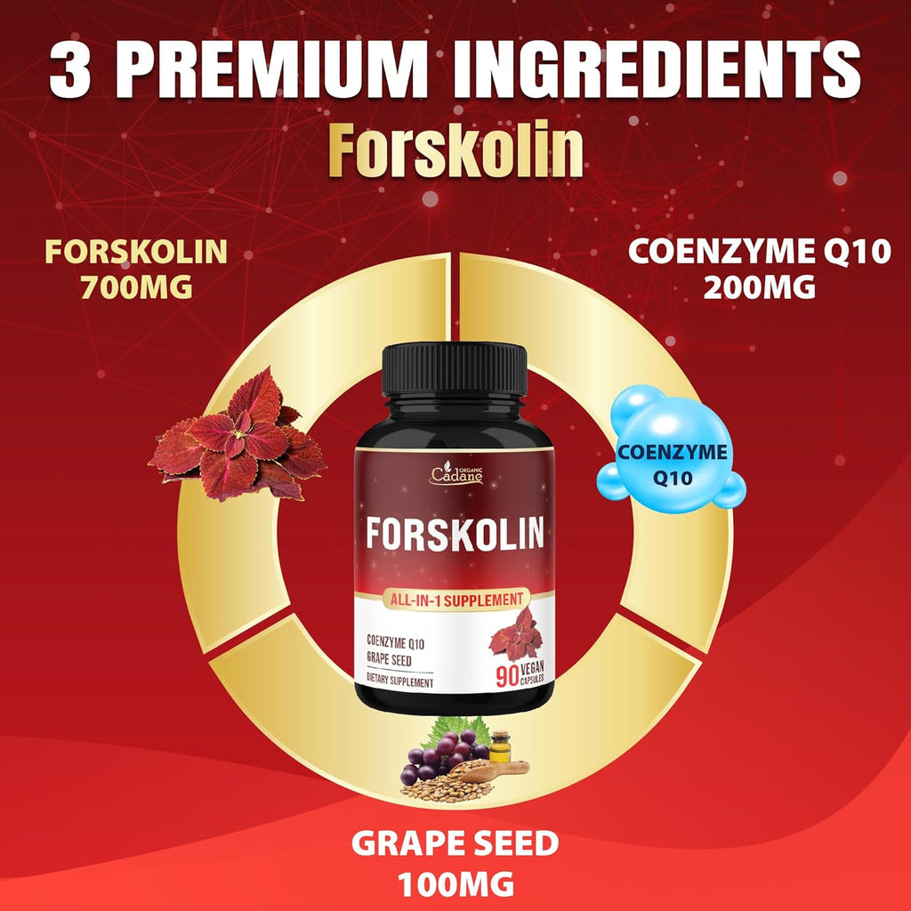 Organic Cadane Forskolin Supplement with Coenzyme Q10 & Grape Seed Extract | Supports Body Management & Energy | Vegan, Non-GMO – 90 Capsules – 45-Day Supply